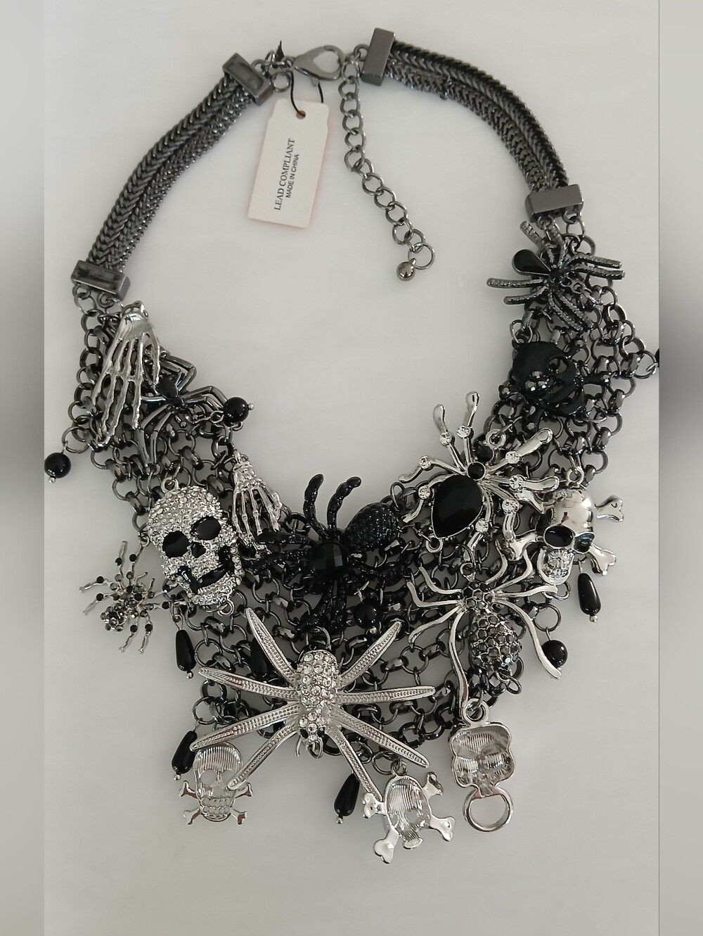 Natasha Gothic Bib Necklace – Gunmetal – Skulls & Spiders – CZ + Black Stones